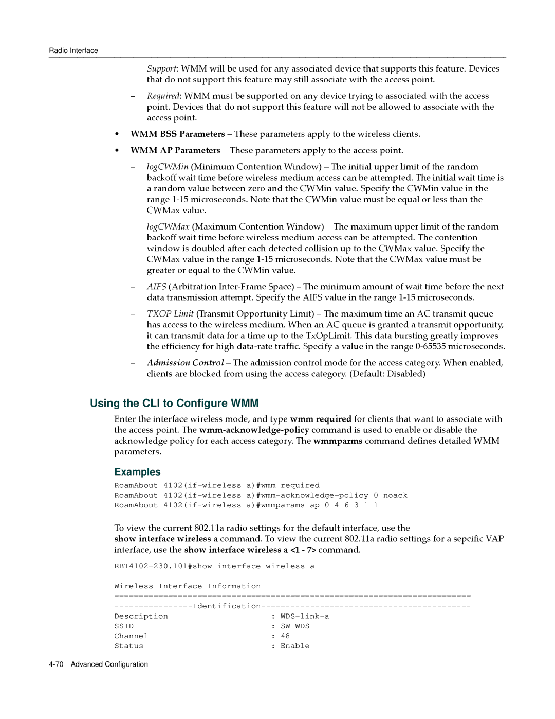 Enterasys Networks RBT-4102 manual Using the CLI to Configure WMM, Ssid SW-WDS 