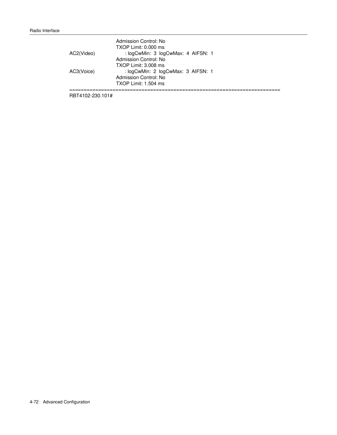 Enterasys Networks RBT-4102 manual Admission Control No AC2Video Txop Limit 