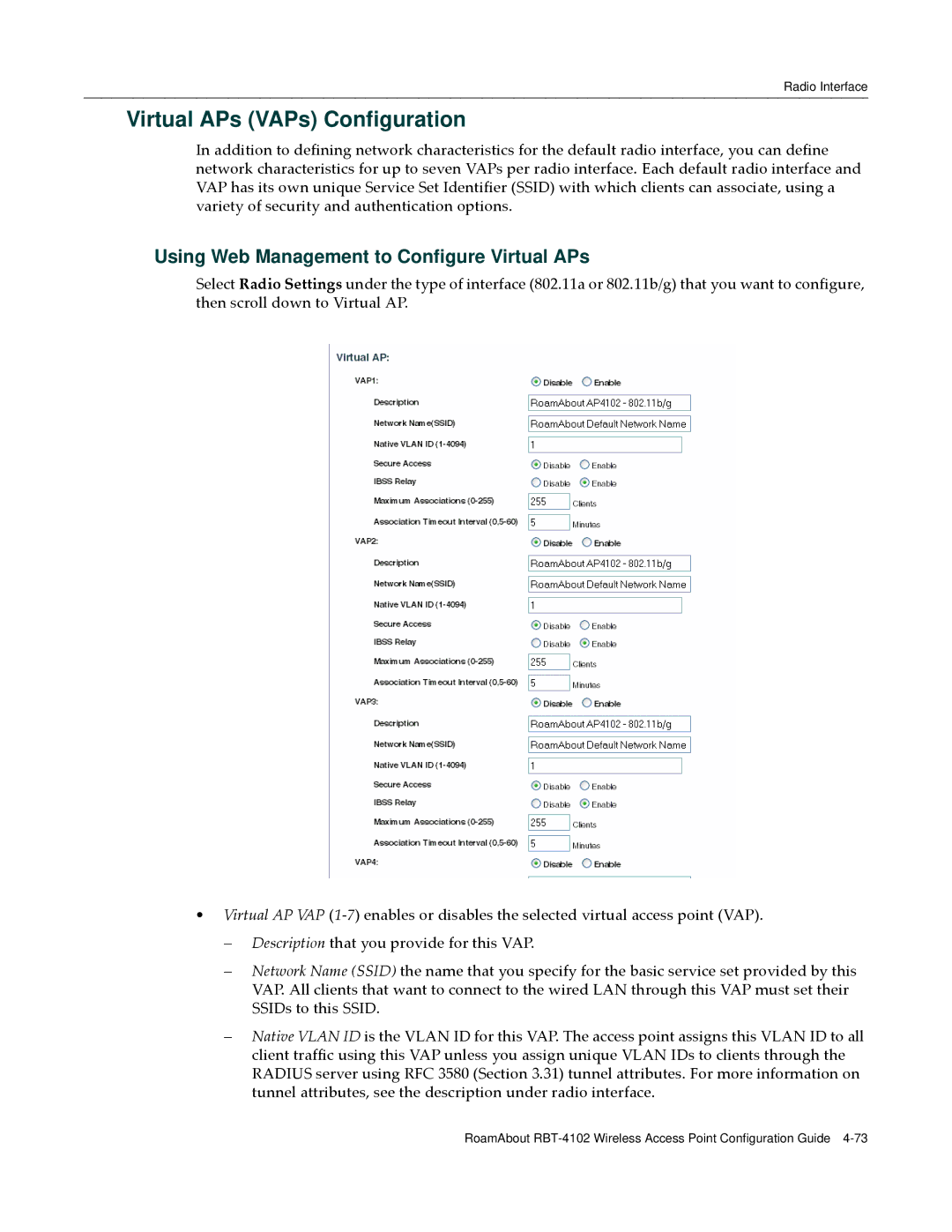 Enterasys Networks RBT-4102 manual Virtual APs VAPs Configuration, Using Web Management to Configure Virtual APs 