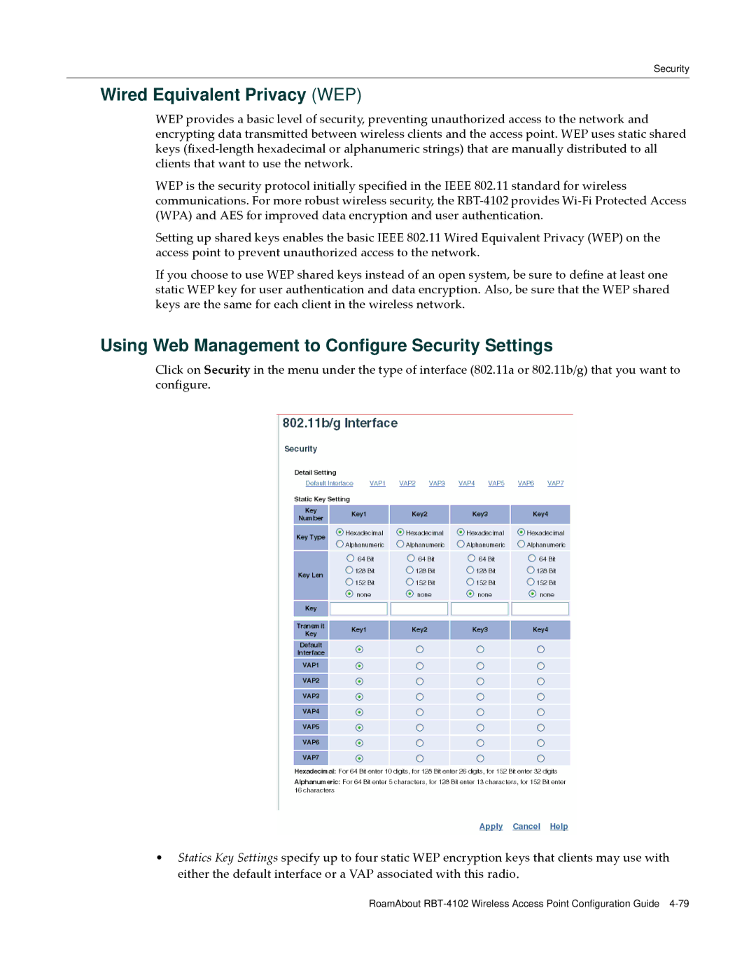 Enterasys Networks RBT-4102 manual Wired Equivalent Privacy WEP, Using Web Management to Configure Security Settings 