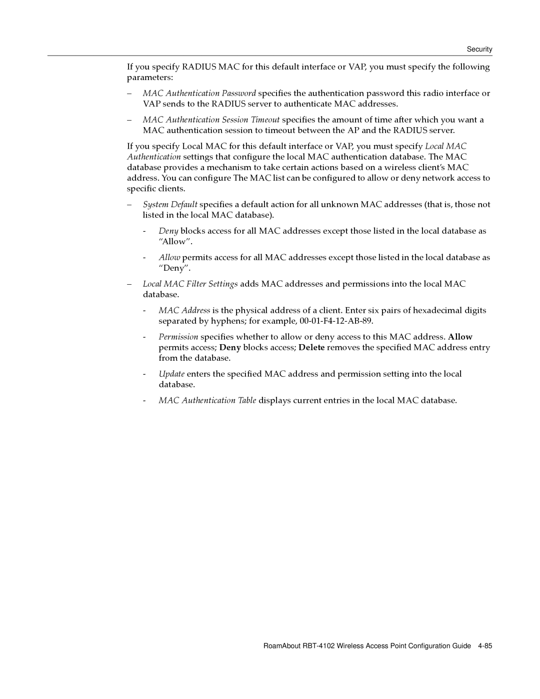 Enterasys Networks RBT-4102 manual Security 