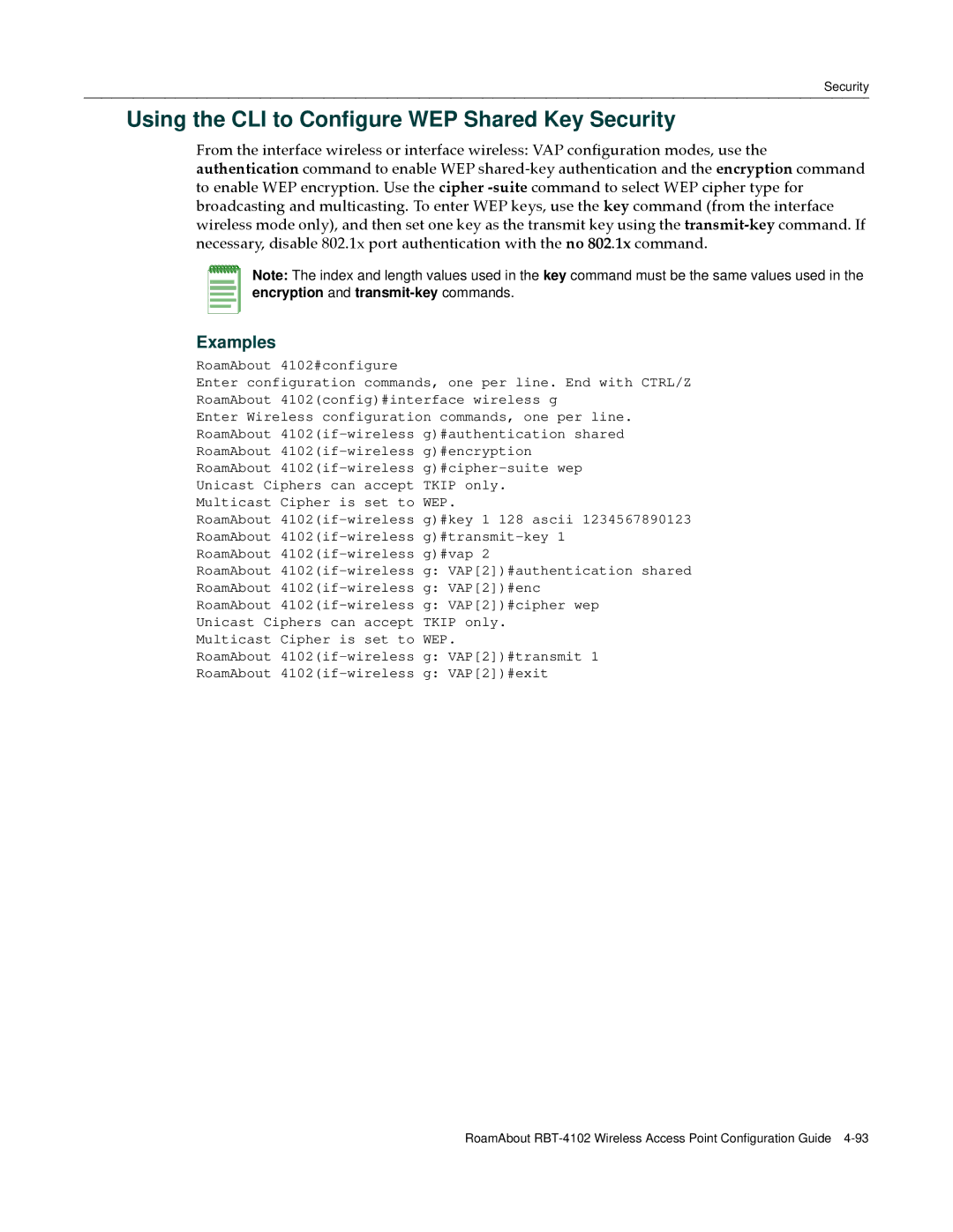 Enterasys Networks RBT-4102 manual Using the CLI to Configure WEP Shared Key Security 