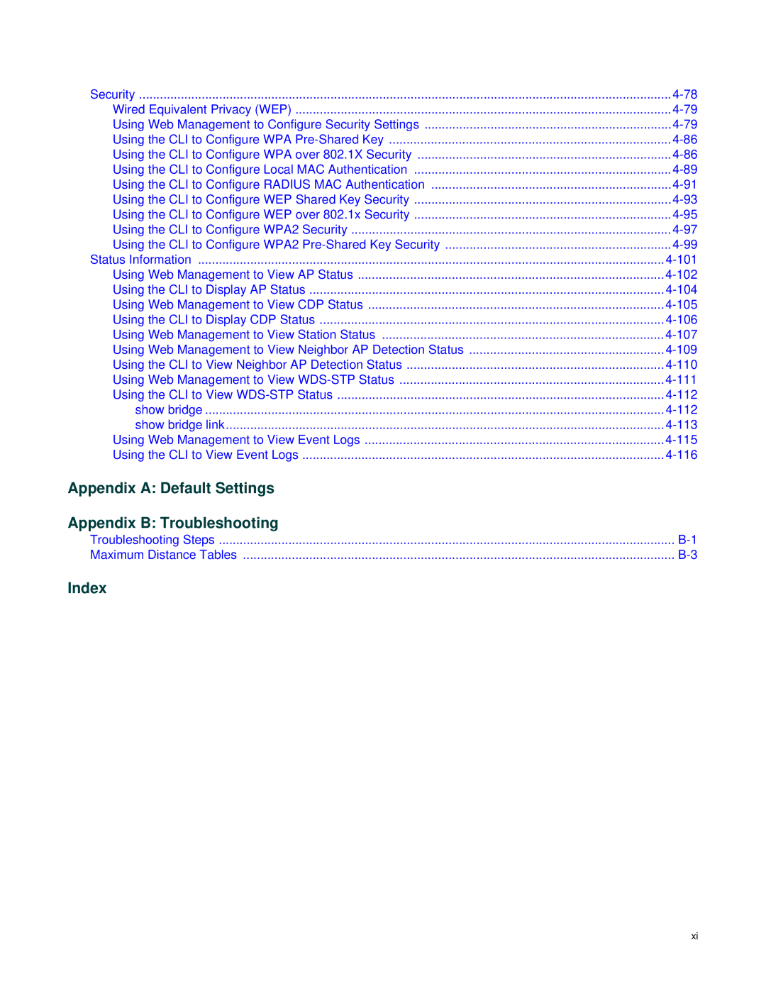 Enterasys Networks RBT-4102 manual Appendix a Default Settings Appendix B Troubleshooting, Index 