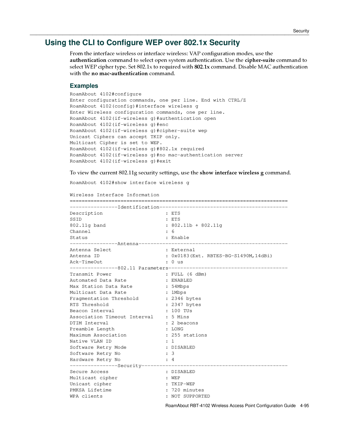 Enterasys Networks RBT-4102 manual Using the CLI to Configure WEP over 802.1x Security, Ssid ETS 