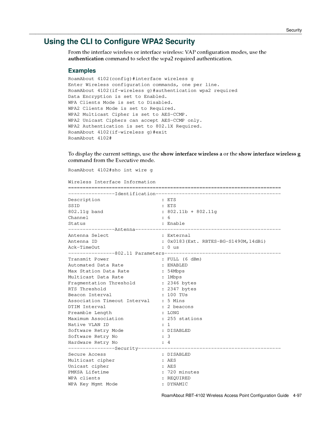 Enterasys Networks RBT-4102 manual Using the CLI to Configure WPA2 Security, Aes 