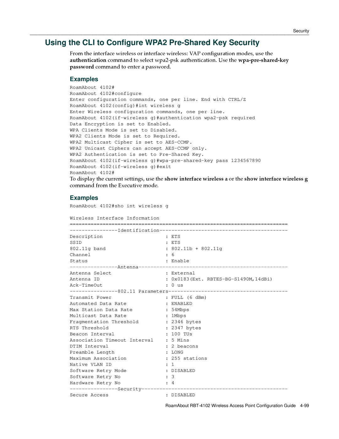 Enterasys Networks RBT-4102 manual Using the CLI to Configure WPA2 Pre-Shared Key Security 