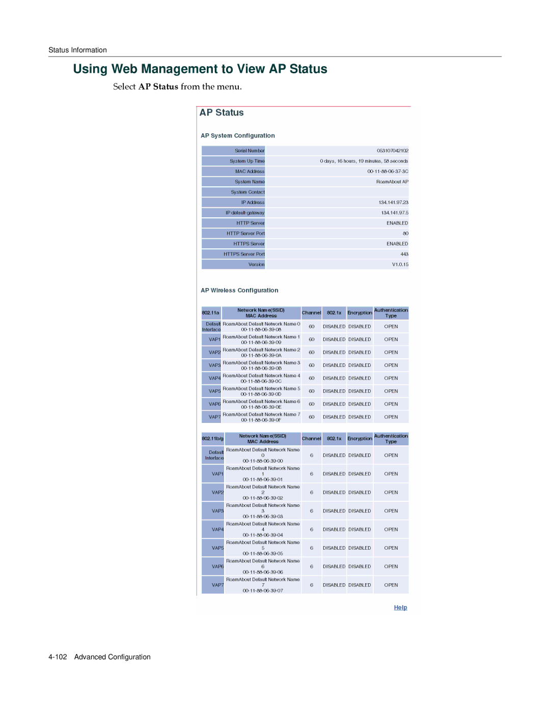 Enterasys Networks RBT-4102 manual Using Web Management to View AP Status 