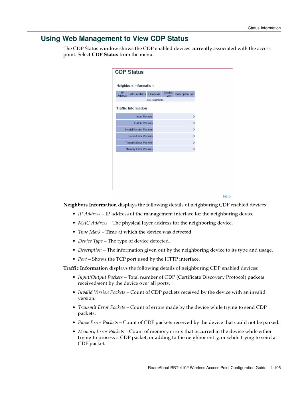 Enterasys Networks RBT-4102 manual Using Web Management to View CDP Status 