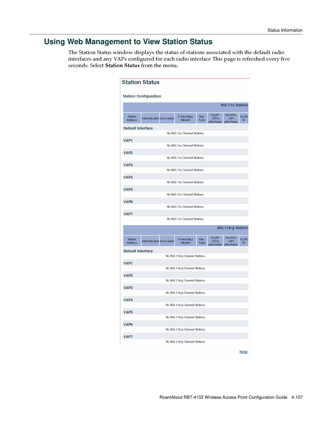 Enterasys Networks RBT-4102 manual Using Web Management to View Station Status 