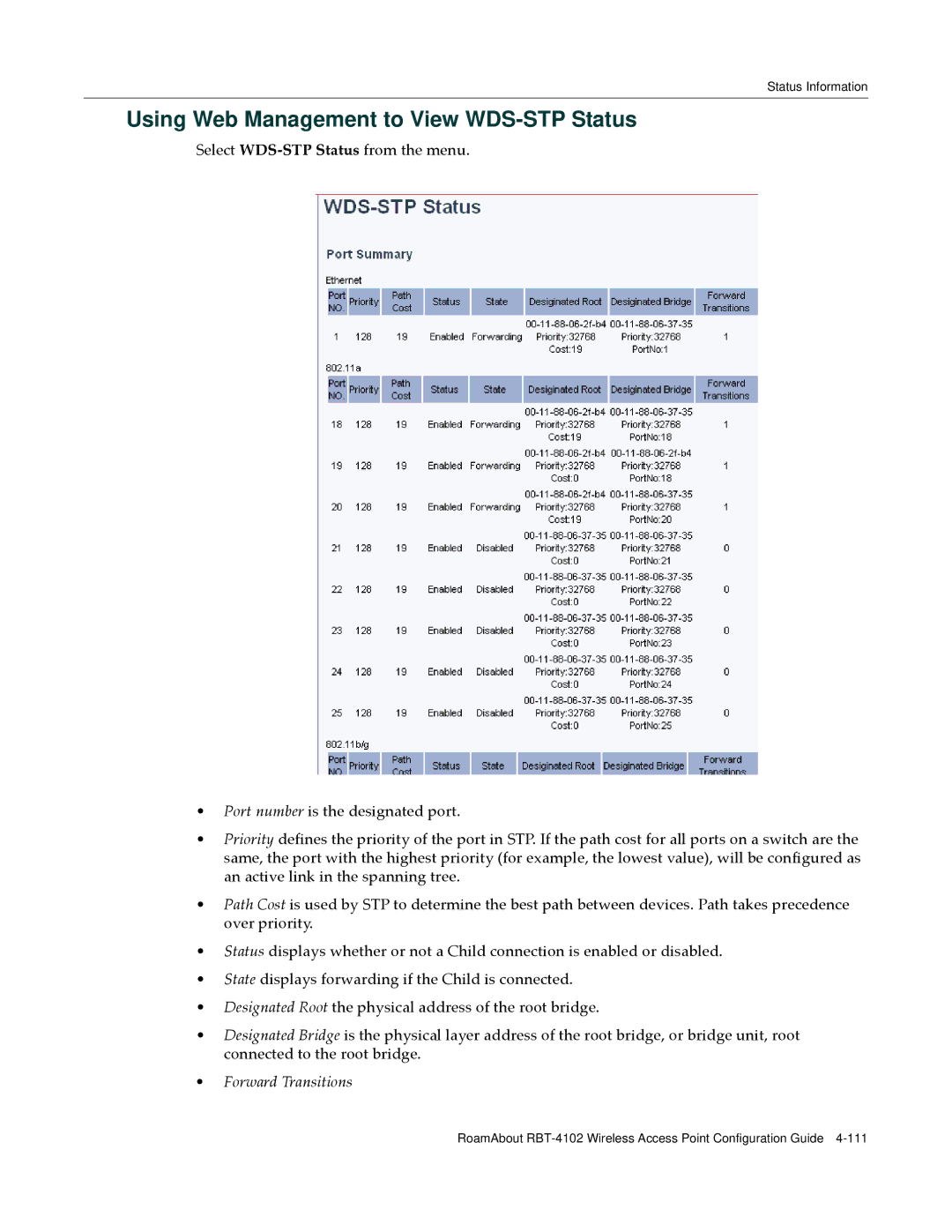 Enterasys Networks RBT-4102 manual Using Web Management to View WDS-STP Status 