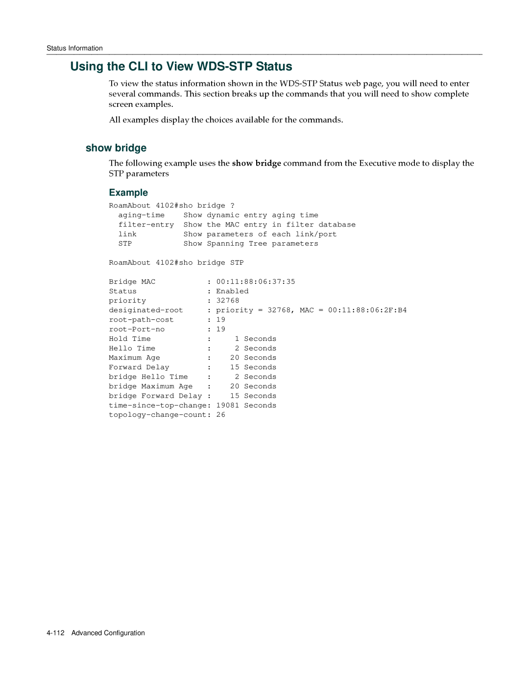 Enterasys Networks RBT-4102 manual Using the CLI to View WDS-STP Status, Show bridge, Stp 