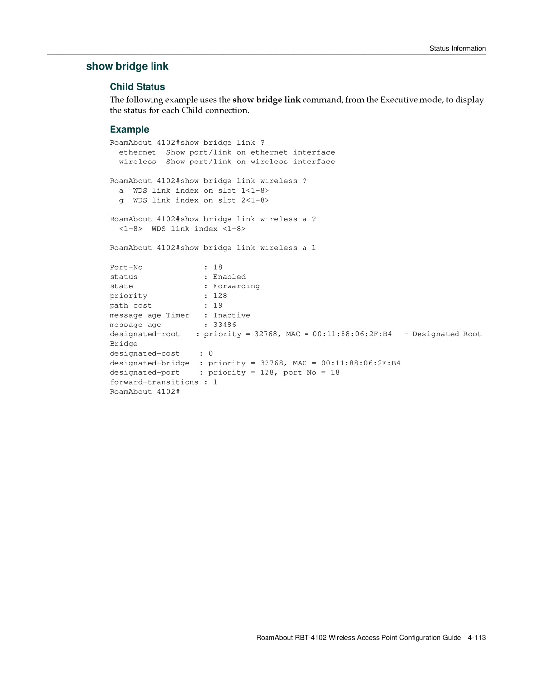 Enterasys Networks RBT-4102 manual Show bridge link, Child Status 