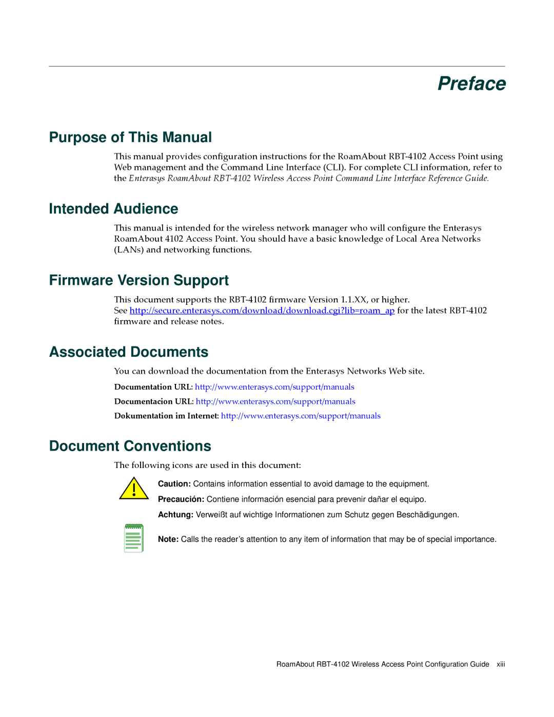 Enterasys Networks RBT-4102 Purpose of This Manual, Intended Audience, Firmware Version Support, Associated Documents 