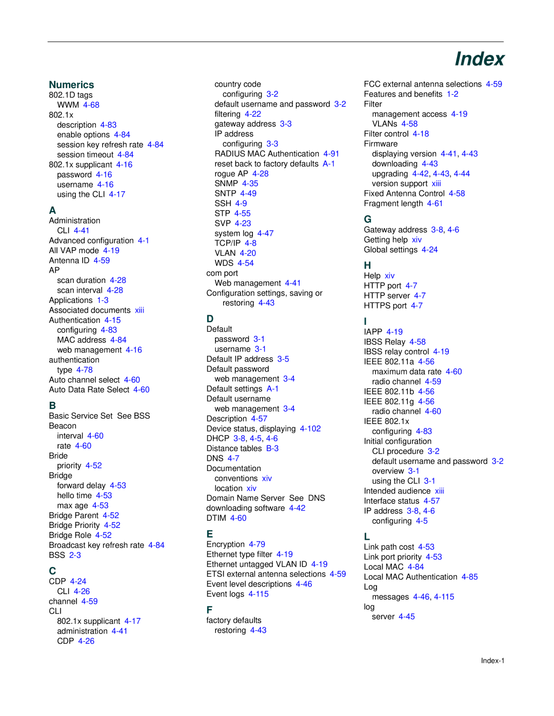 Enterasys Networks RBT-4102 manual Index 