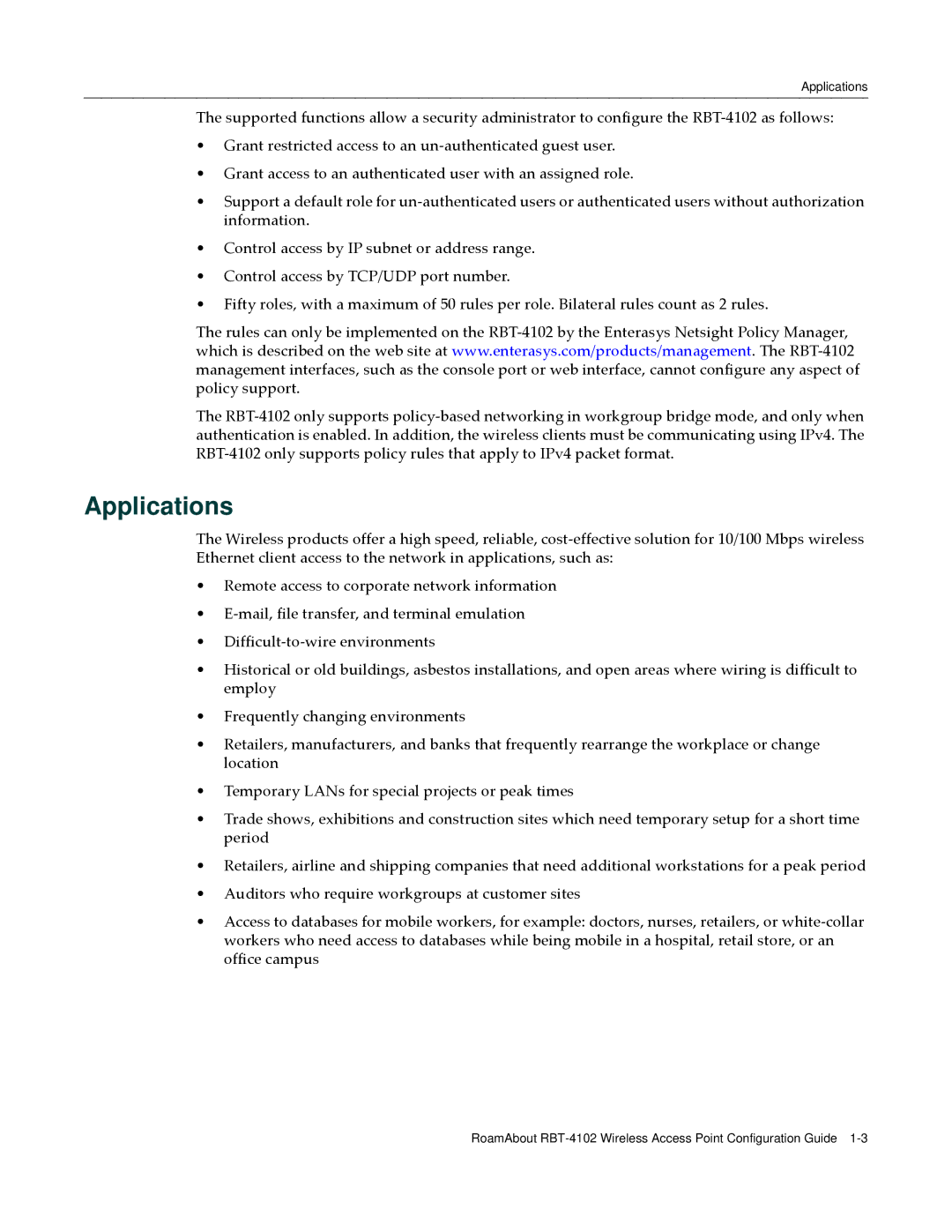 Enterasys Networks RBT-4102 manual Applications 