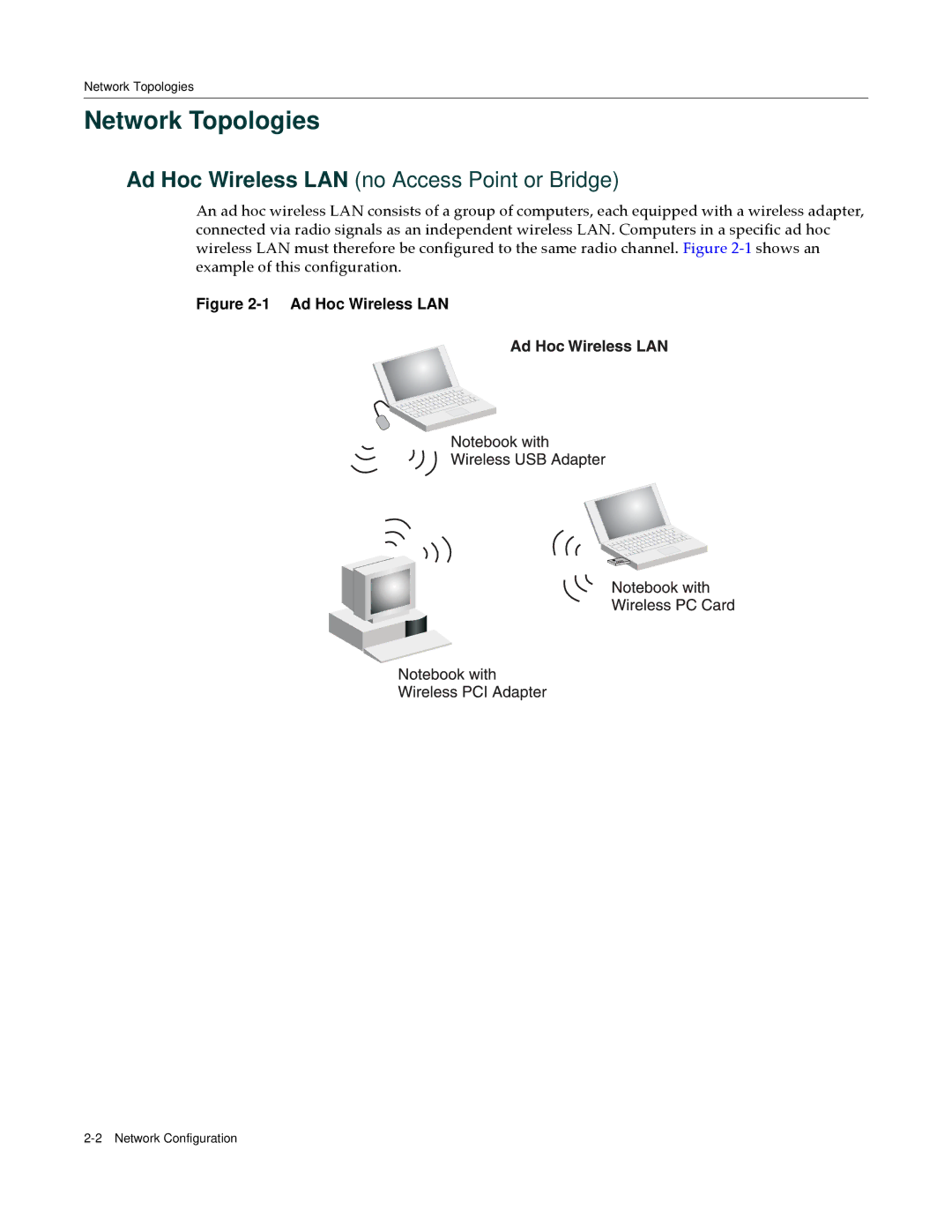 Enterasys Networks RBT-4102 manual Network Topologies, Ad Hoc Wireless LAN no Access Point or Bridge 