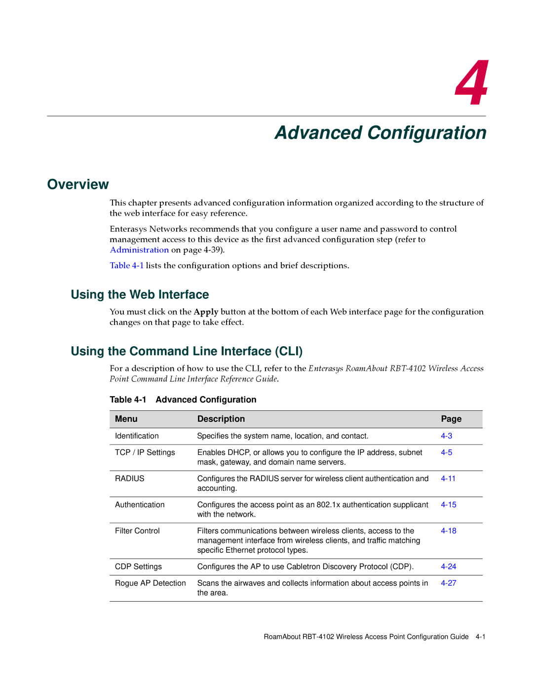 Enterasys Networks RBT-4102 manual Using the Web Interface, Using the Command Line Interface CLI 