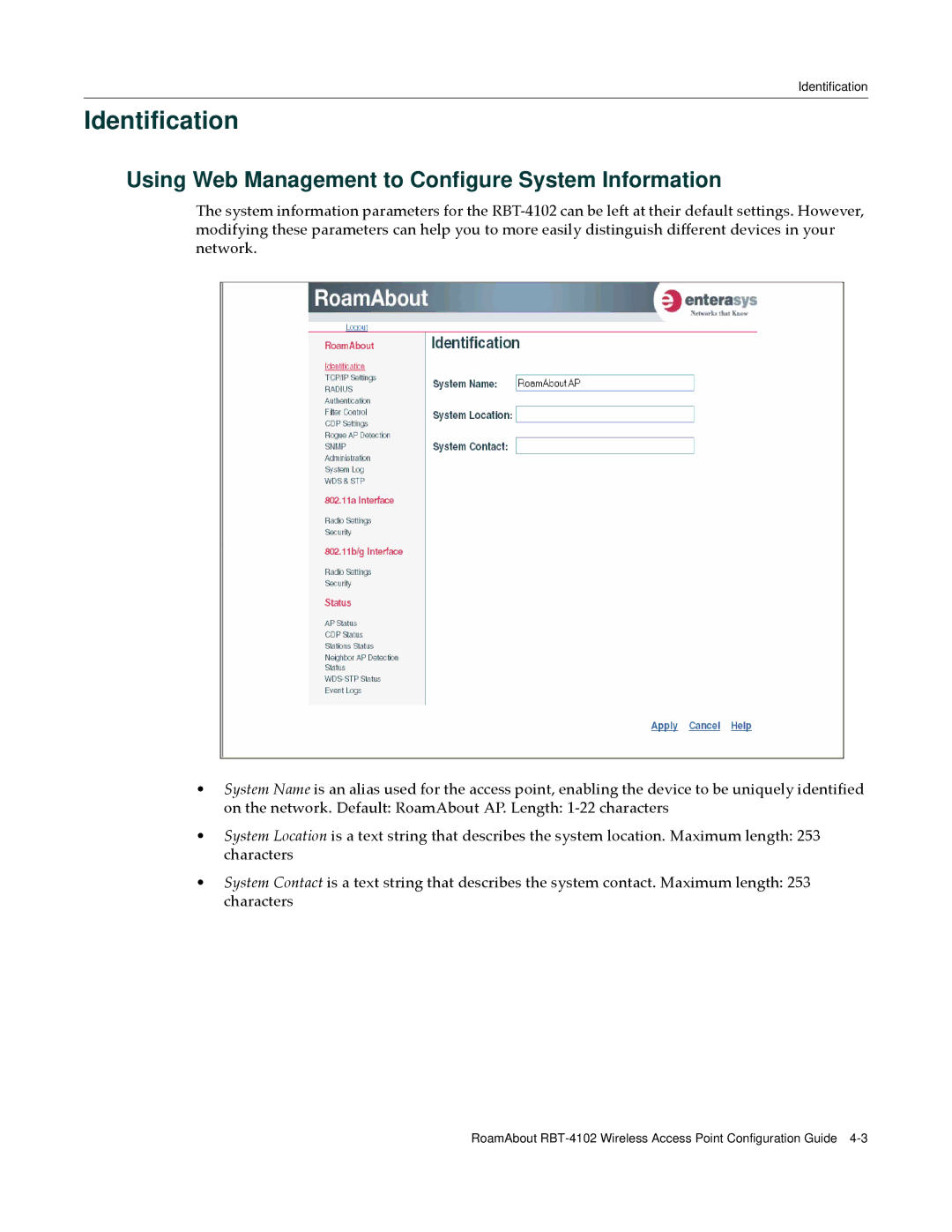 Enterasys Networks RBT-4102 manual Identification, Using Web Management to Configure System Information 