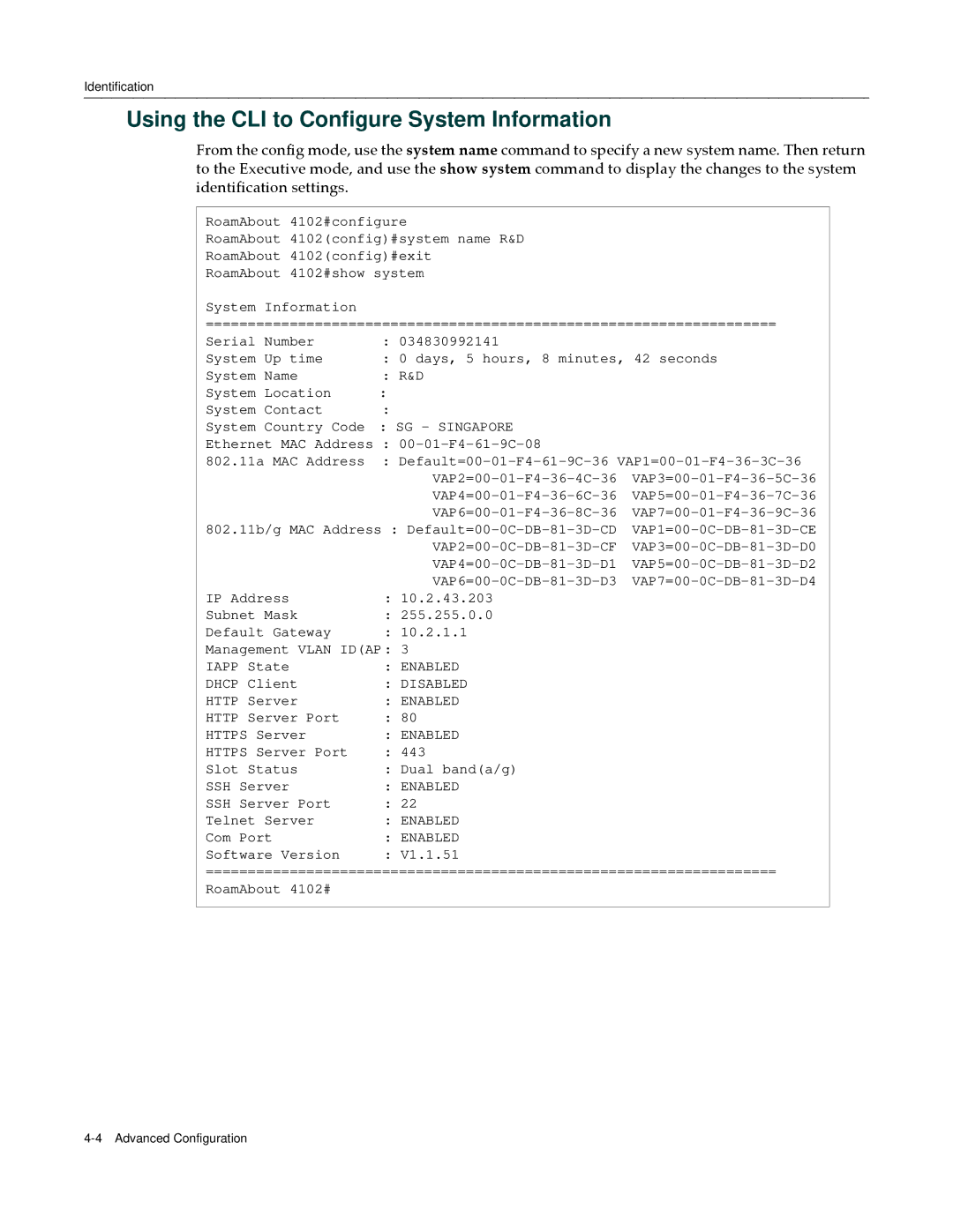 Enterasys Networks RBT-4102 manual Using the CLI to Configure System Information, SG Singapore, Enabled, Disabled 