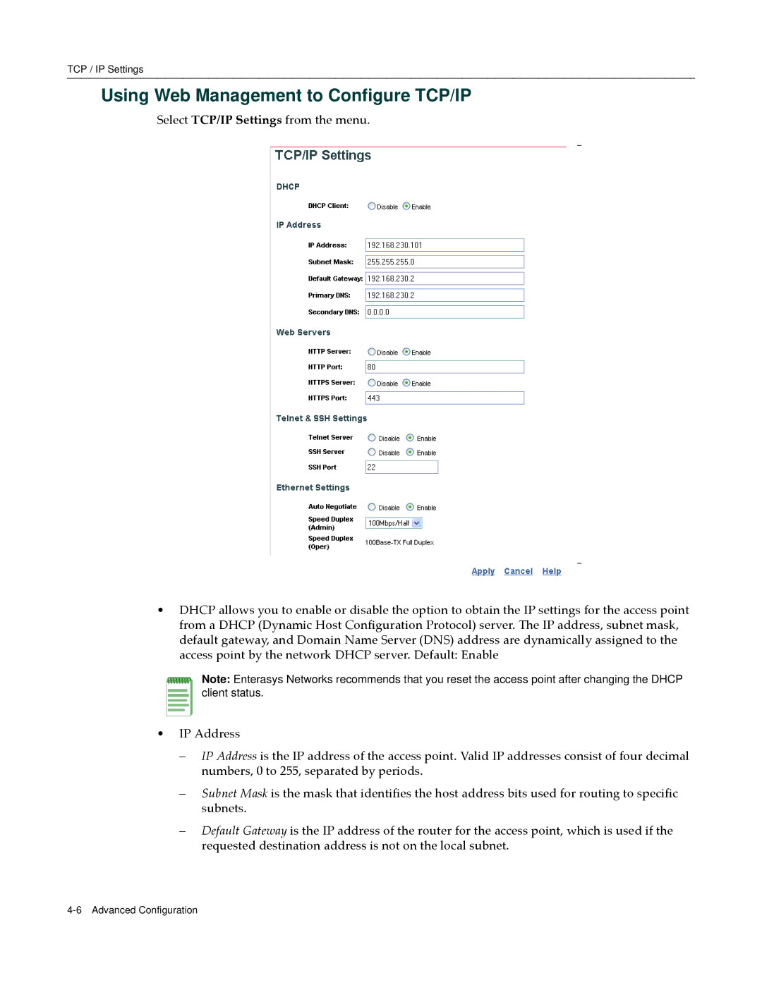 Enterasys Networks RBT-4102 manual Using Web Management to Configure TCP/IP 