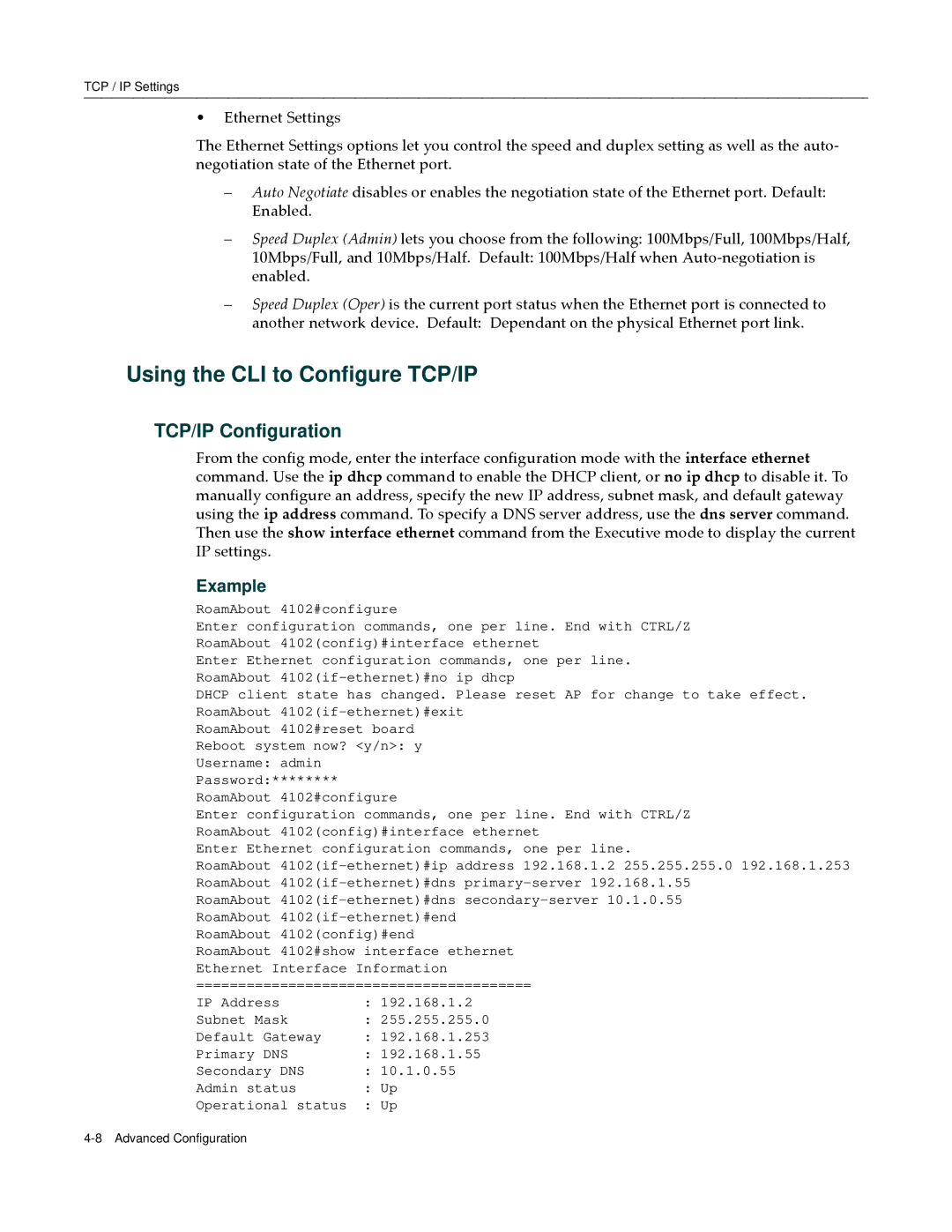 Enterasys Networks RBT-4102 manual Using the CLI to Configure TCP/IP, TCP/IP Configuration 