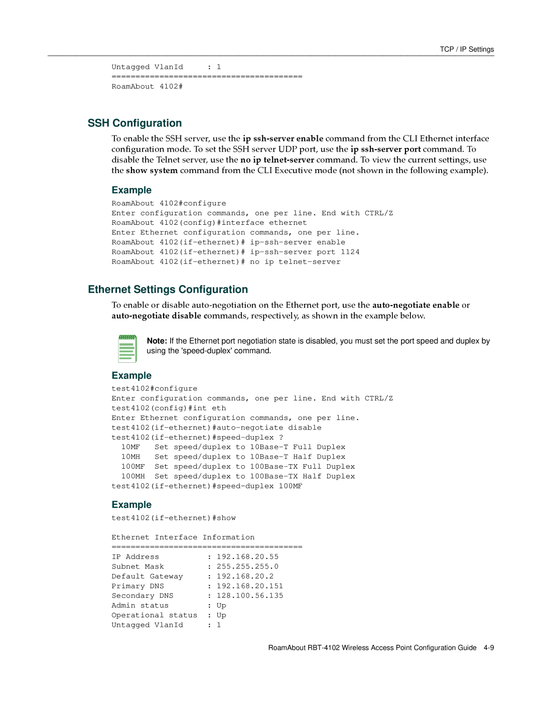 Enterasys Networks RBT-4102 manual SSH Configuration, Ethernet Settings Configuration 