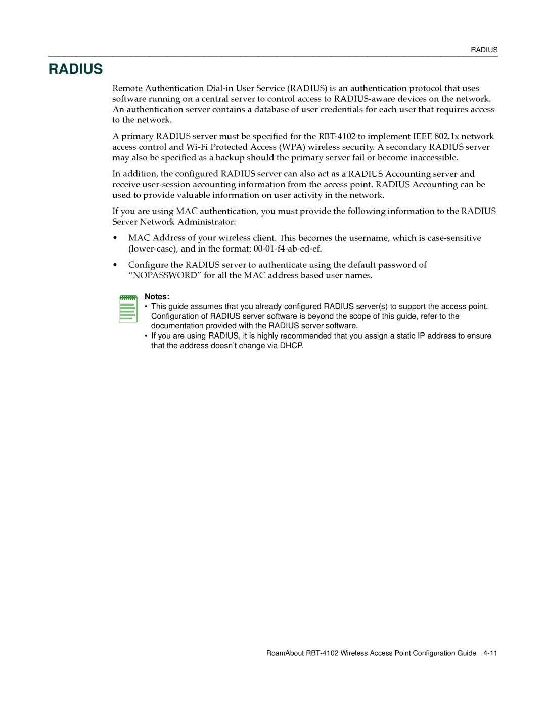 Enterasys Networks RBT-4102 manual Radius 