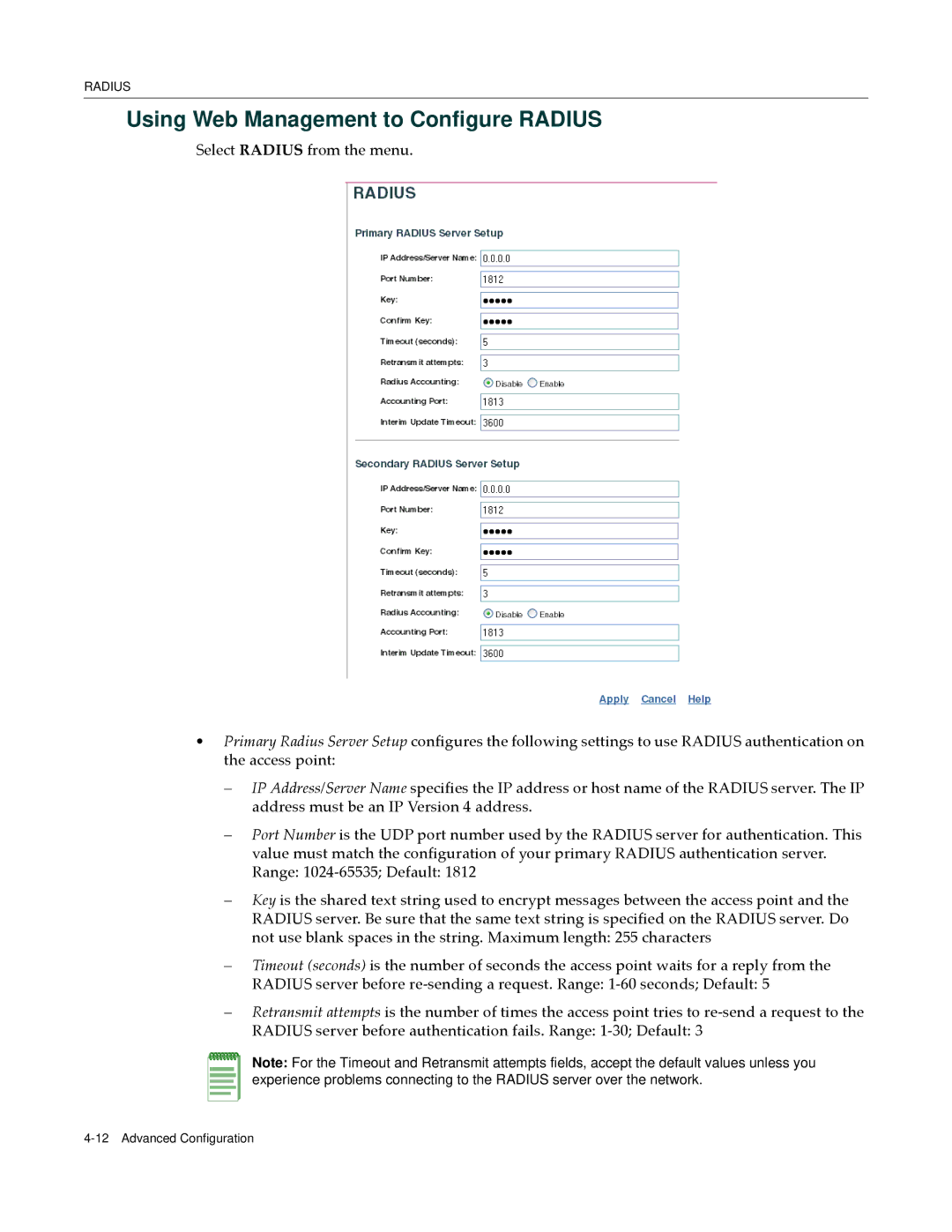 Enterasys Networks RBT-4102 manual Using Web Management to Configure Radius 