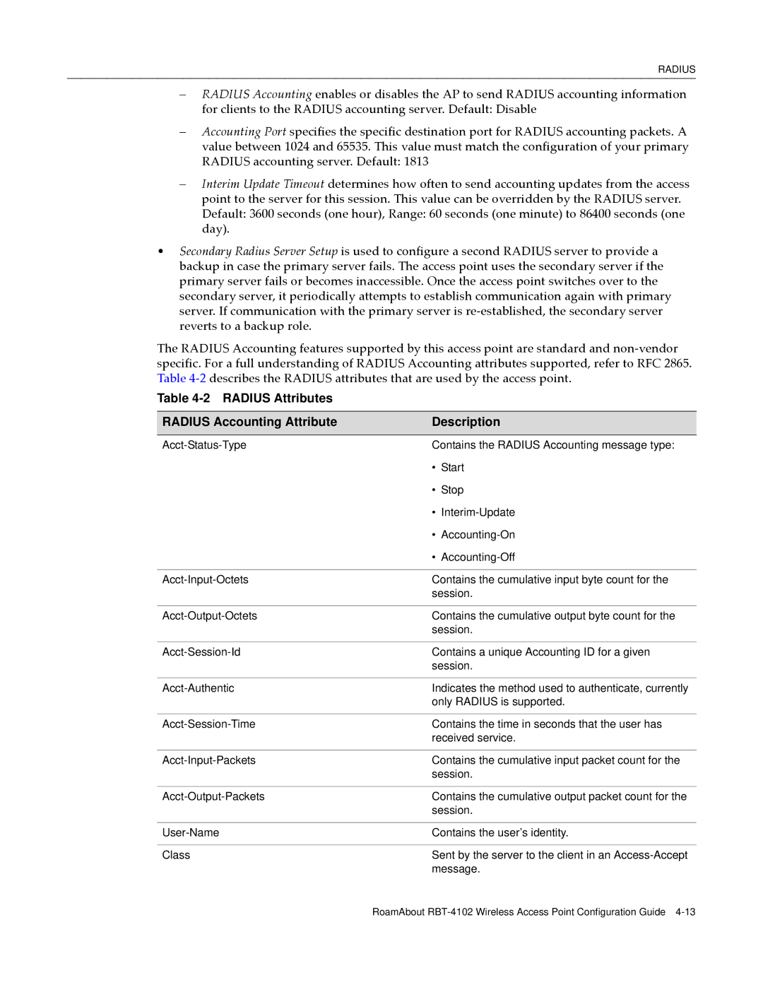 Enterasys Networks RBT-4102 manual Radius Attributes Radius Accounting Attribute Description 