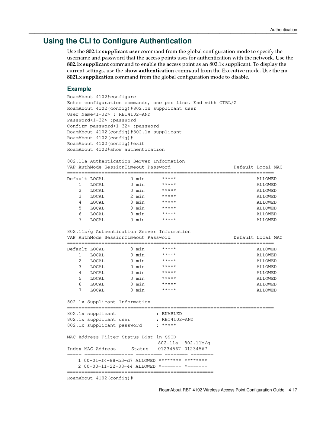 Enterasys Networks RBT-4102 manual Using the CLI to Configure Authentication, Local, Allowed 