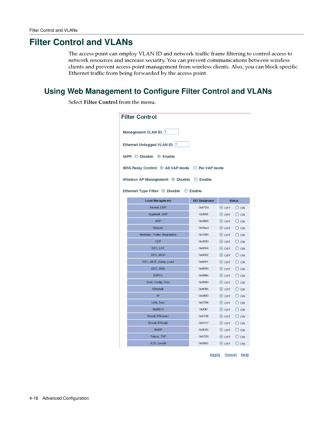 Enterasys Networks RBT-4102 manual Using Web Management to Configure Filter Control and VLANs 