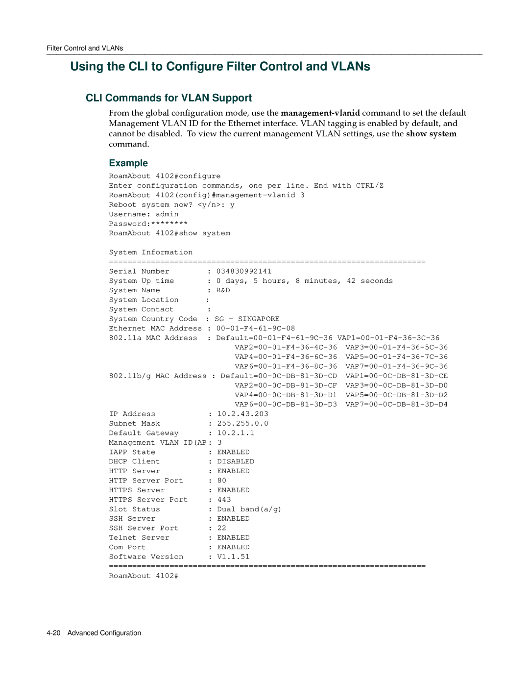 Enterasys Networks RBT-4102 manual Using the CLI to Configure Filter Control and VLANs, CLI Commands for Vlan Support 