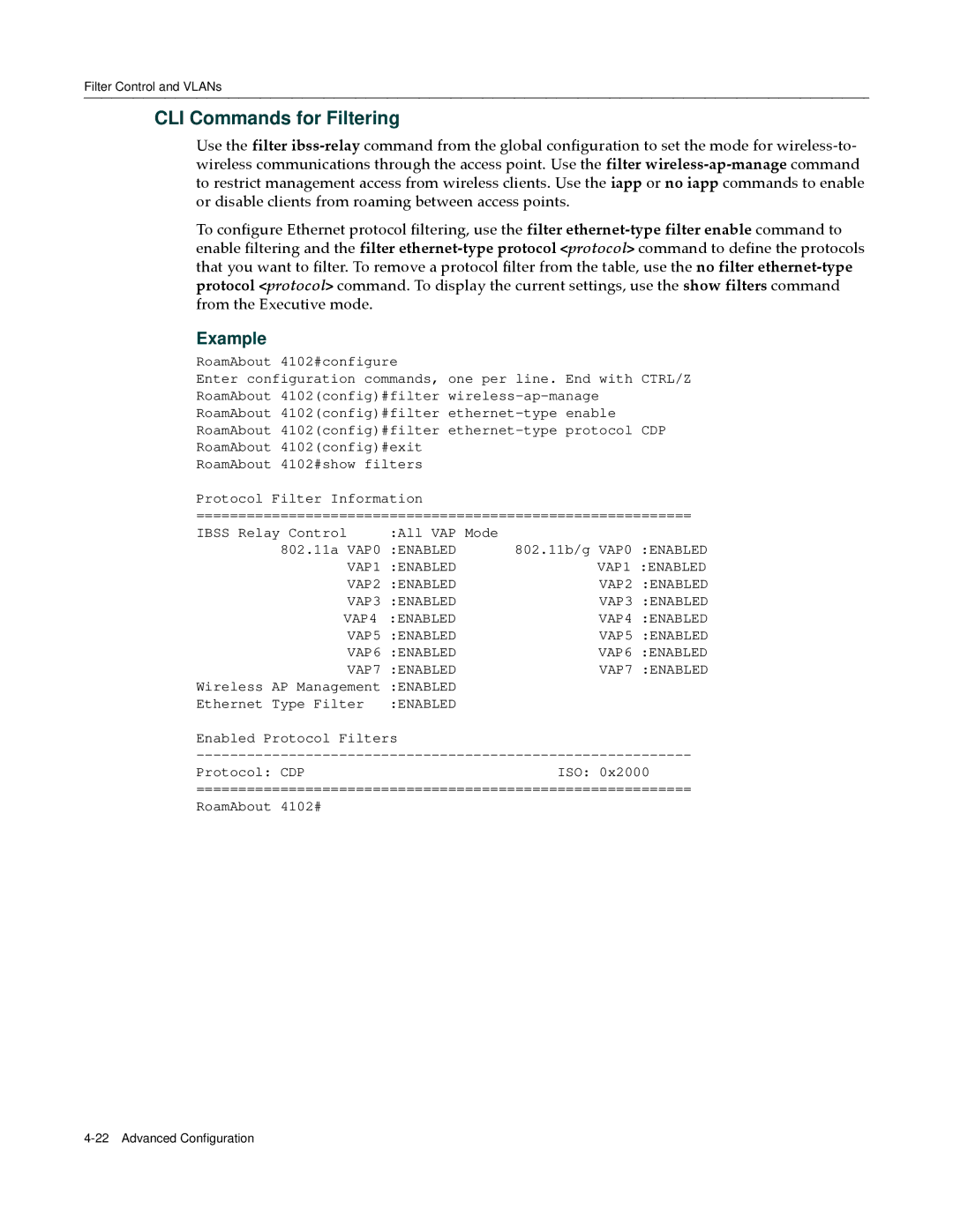 Enterasys Networks RBT-4102 manual CLI Commands for Filtering 