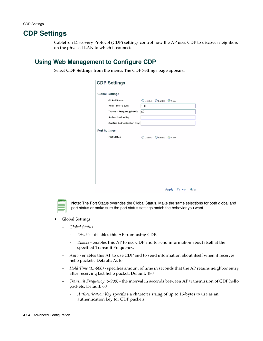 Enterasys Networks RBT-4102 manual CDP Settings, Using Web Management to Configure CDP 