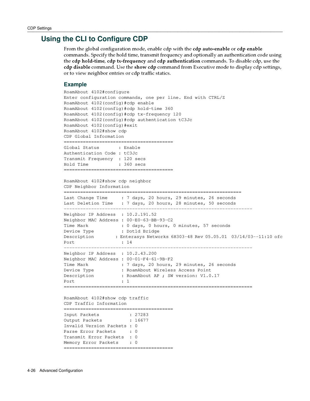 Enterasys Networks RBT-4102 manual Using the CLI to Configure CDP 