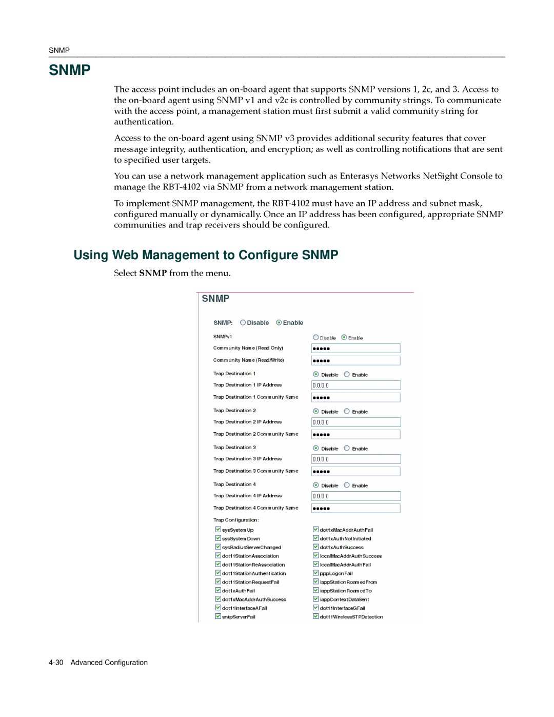 Enterasys Networks RBT-4102 manual Using Web Management to Configure Snmp 