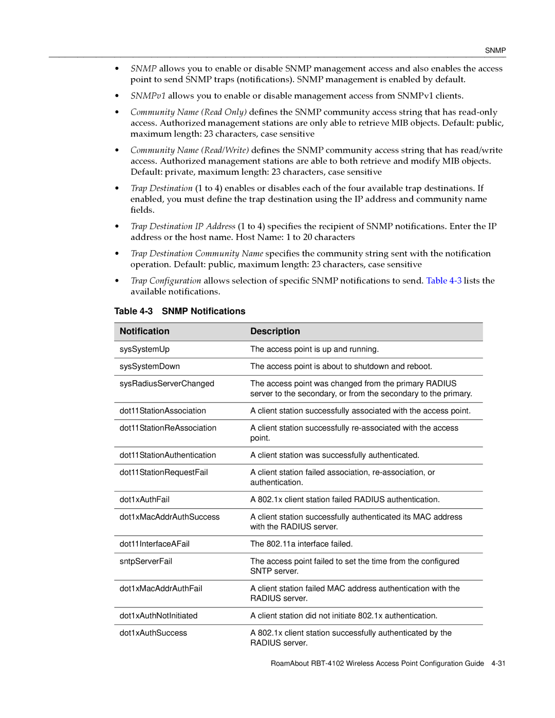 Enterasys Networks RBT-4102 manual Snmp Notifications Description 