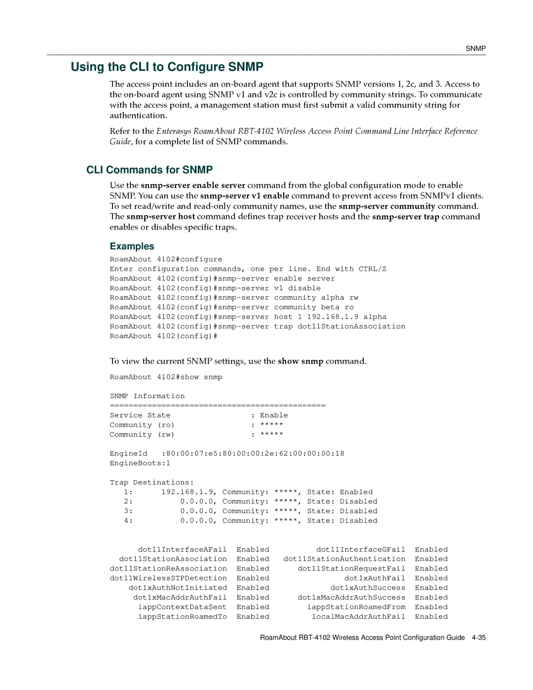 Enterasys Networks RBT-4102 manual Using the CLI to Configure Snmp, CLI Commands for Snmp 