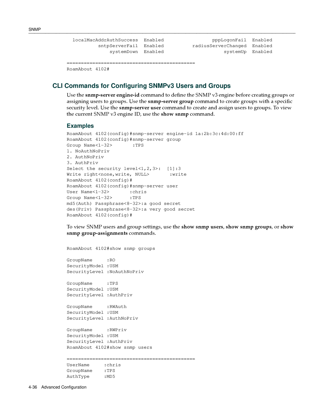 Enterasys Networks RBT-4102 manual CLI Commands for Configuring SNMPv3 Users and Groups, Tps 