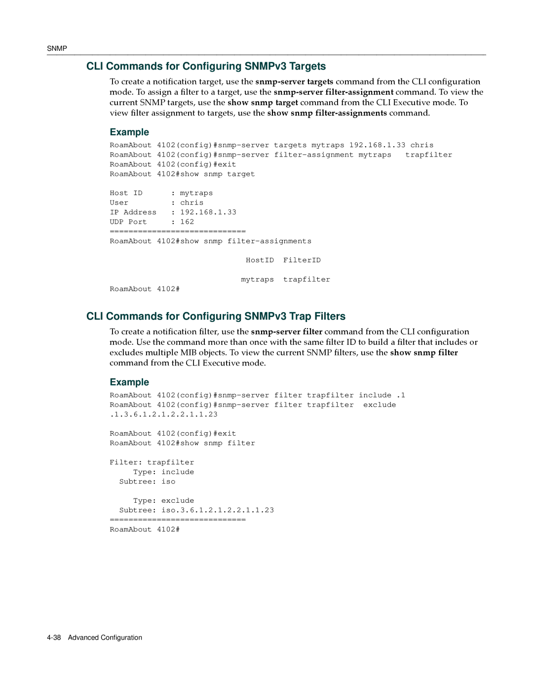 Enterasys Networks RBT-4102 CLI Commands for Configuring SNMPv3 Targets, CLI Commands for Configuring SNMPv3 Trap Filters 