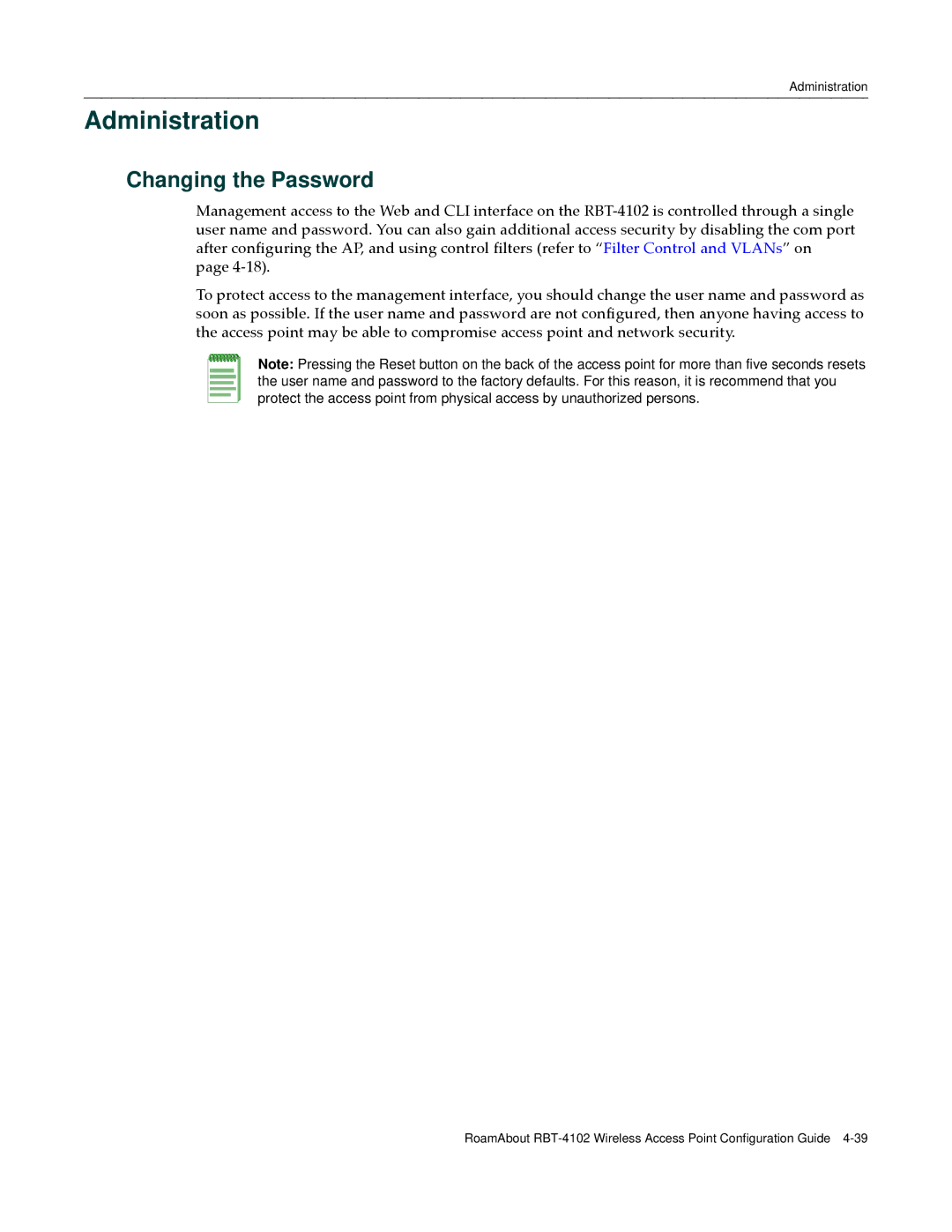 Enterasys Networks RBT-4102 manual Administration, Changing the Password 