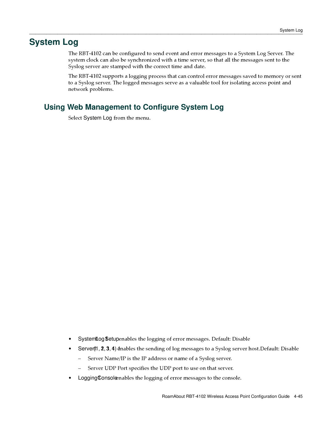 Enterasys Networks RBT-4102 manual Using Web Management to Configure System Log 