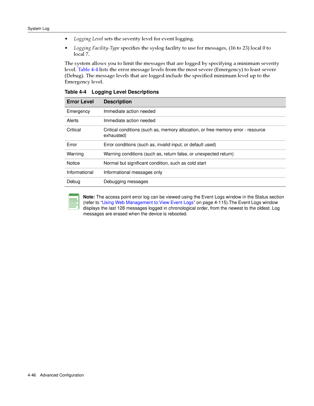 Enterasys Networks RBT-4102 manual Logging Level Descriptions Error Level 