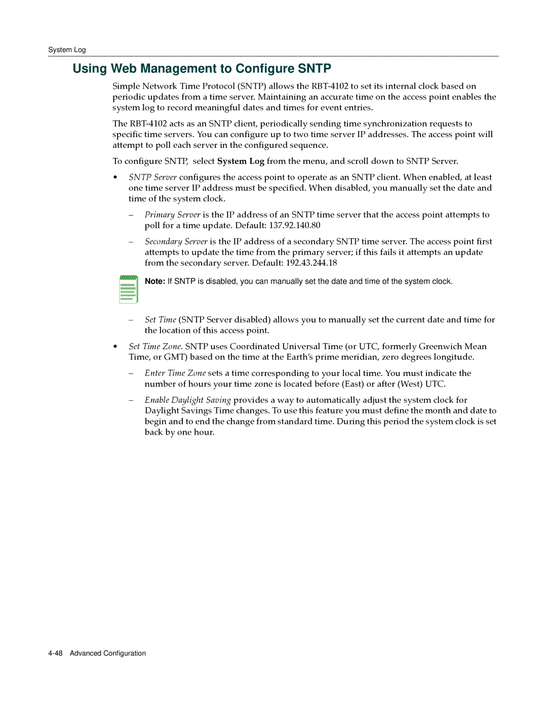 Enterasys Networks RBT-4102 manual Using Web Management to Configure Sntp 