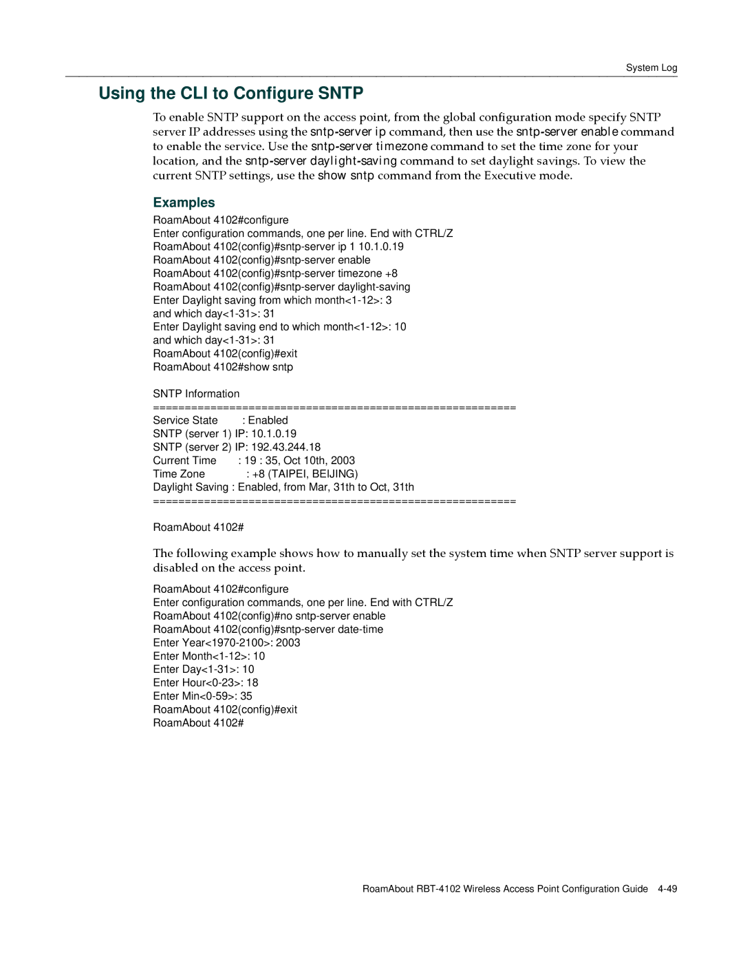 Enterasys Networks RBT-4102 manual Using the CLI to Configure Sntp, TAIPEI, Beijing 