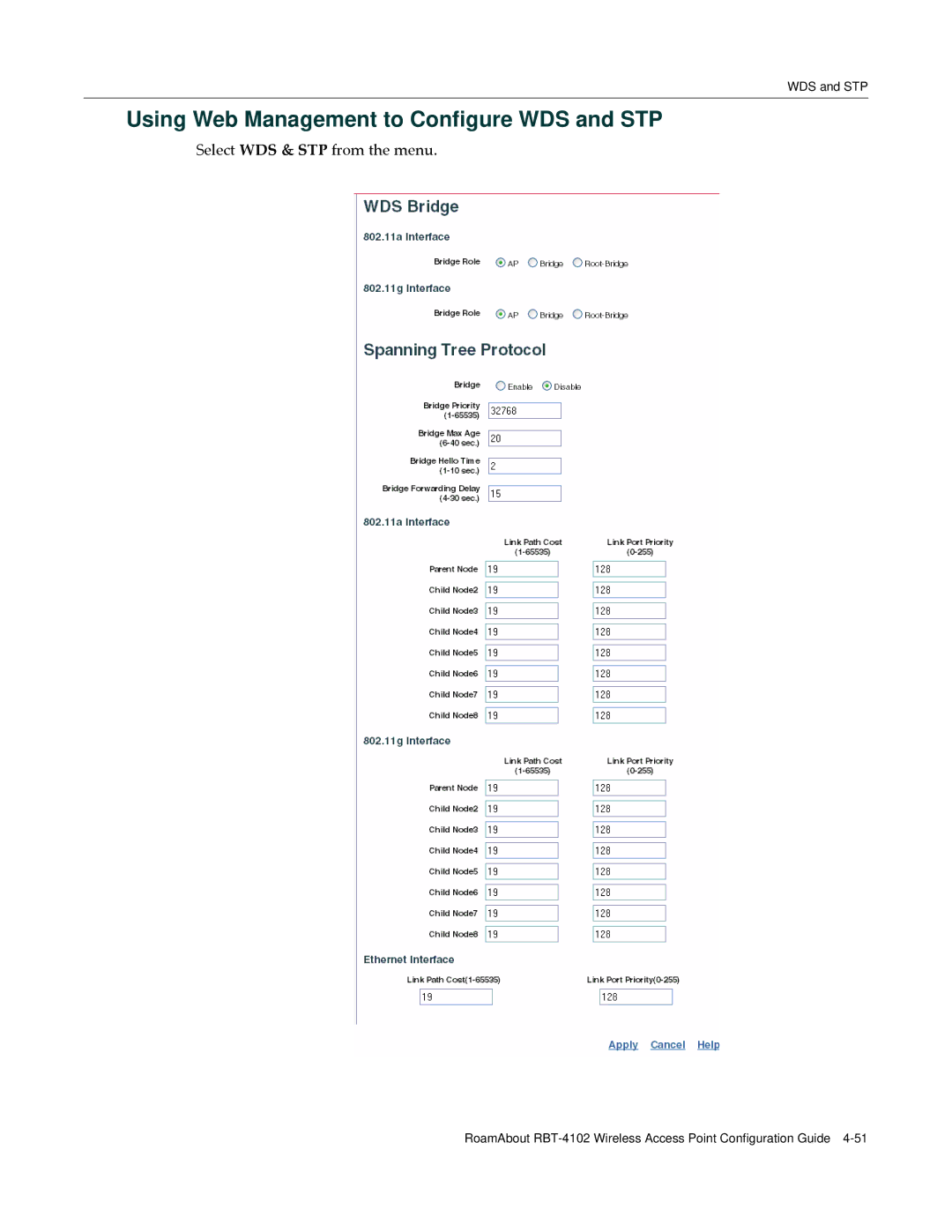 Enterasys Networks RBT-4102 manual Using Web Management to Configure WDS and STP 