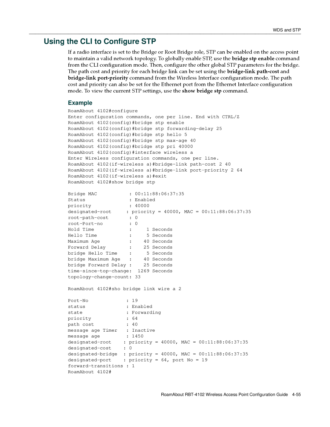 Enterasys Networks RBT-4102 manual Using the CLI to Configure STP 