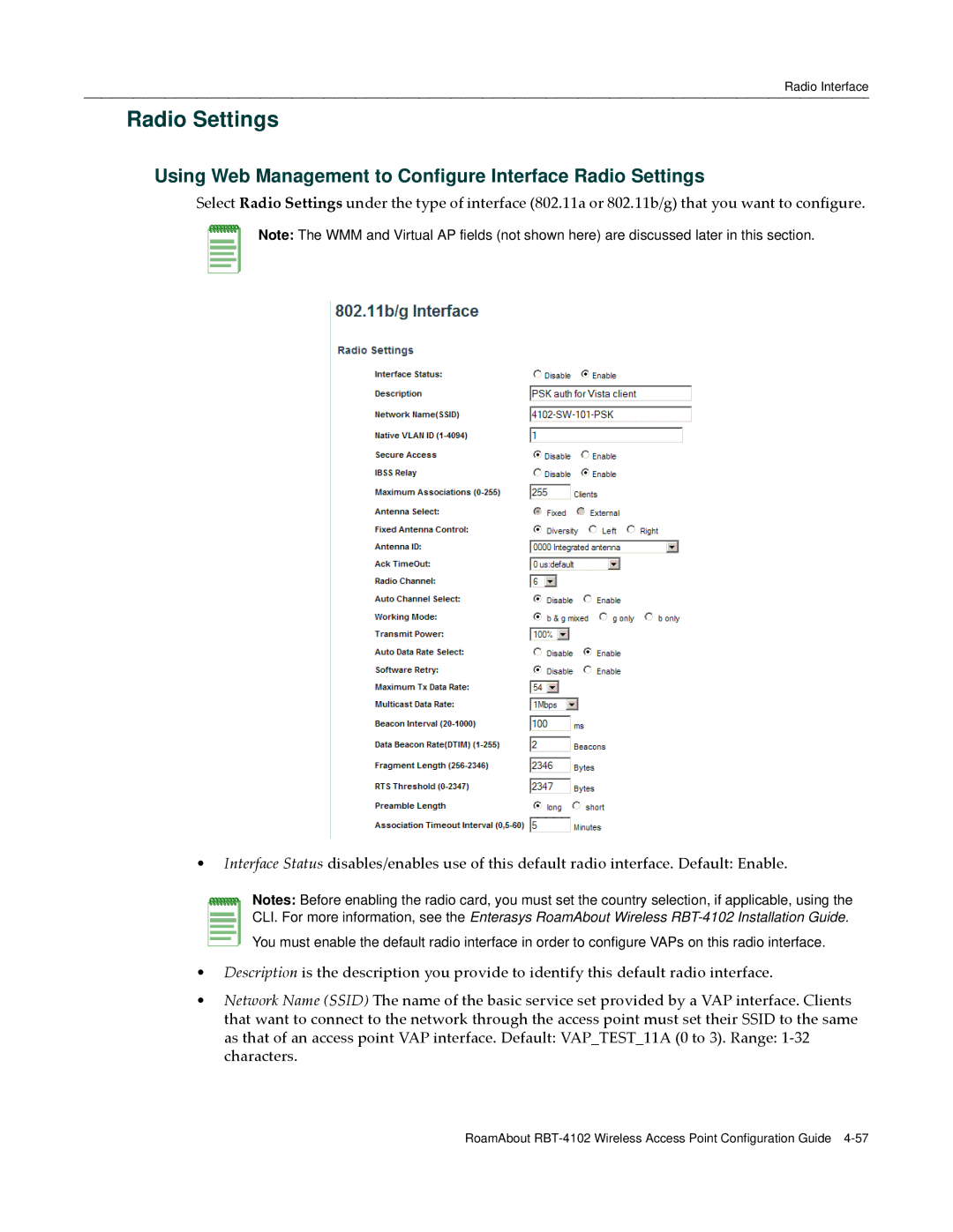 Enterasys Networks RBT-4102 manual Using Web Management to Configure Interface Radio Settings 