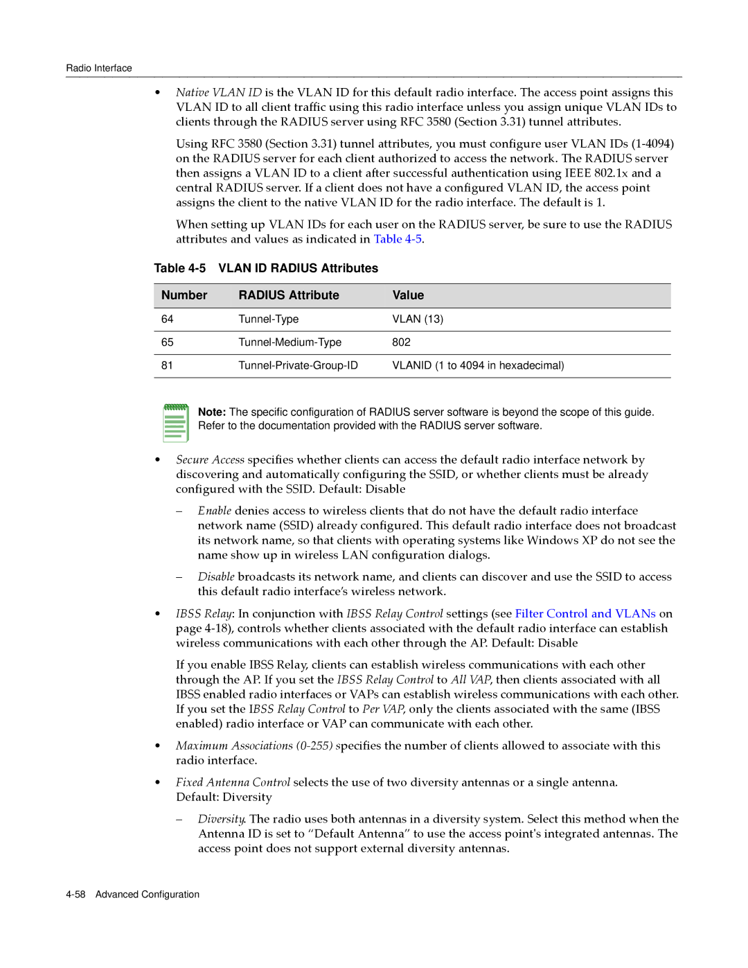 Enterasys Networks RBT-4102 manual Vlan ID Radius Attributes Number Value 