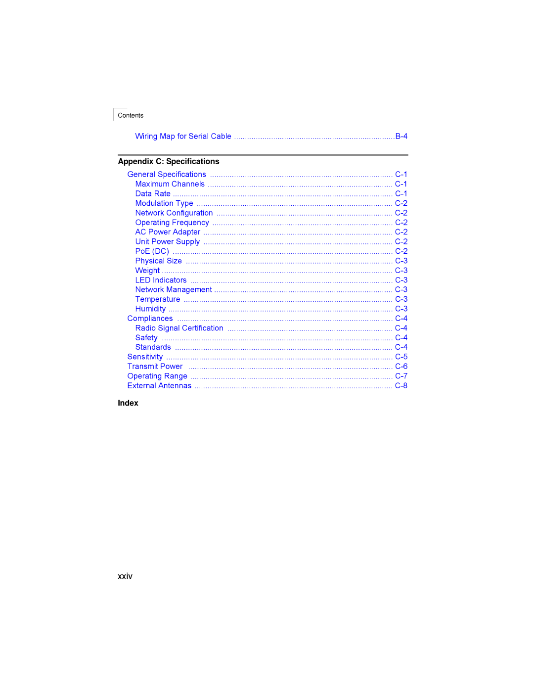 Enterasys Networks RBT-4102 manual Xxiv, Appendix C Specifications 